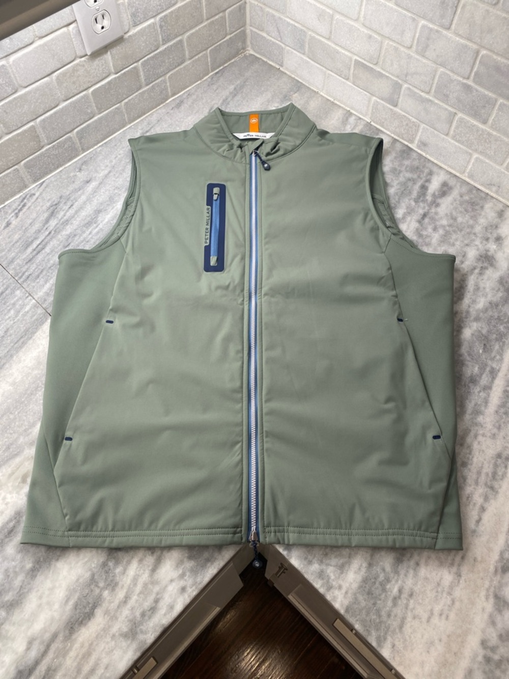 Peter Millar Olive Green Zip Vest with Blue Trim